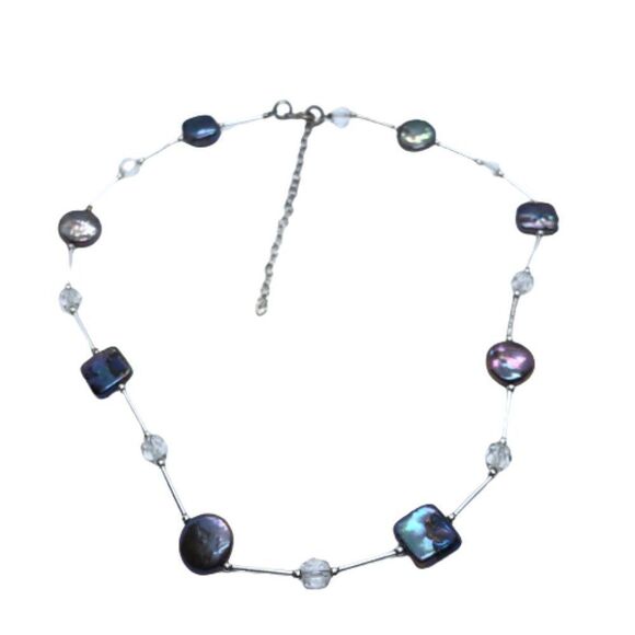 Stunning Sterling Silver, Crystal & Circle/ Square Button Pearl Vintage Necklace - Picture 1 of 7